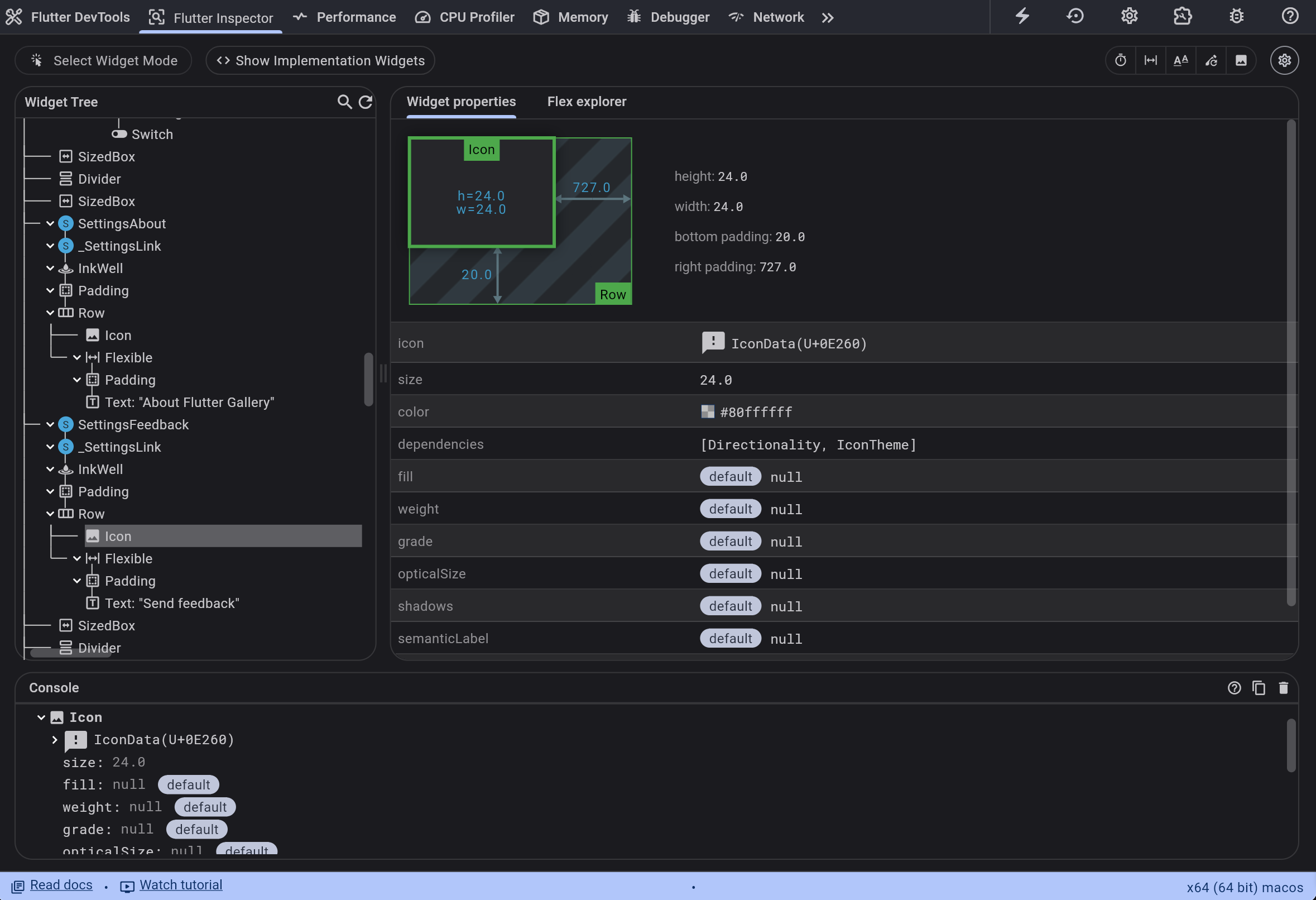 Captura de pantalla de la ventana del Flutter inspector