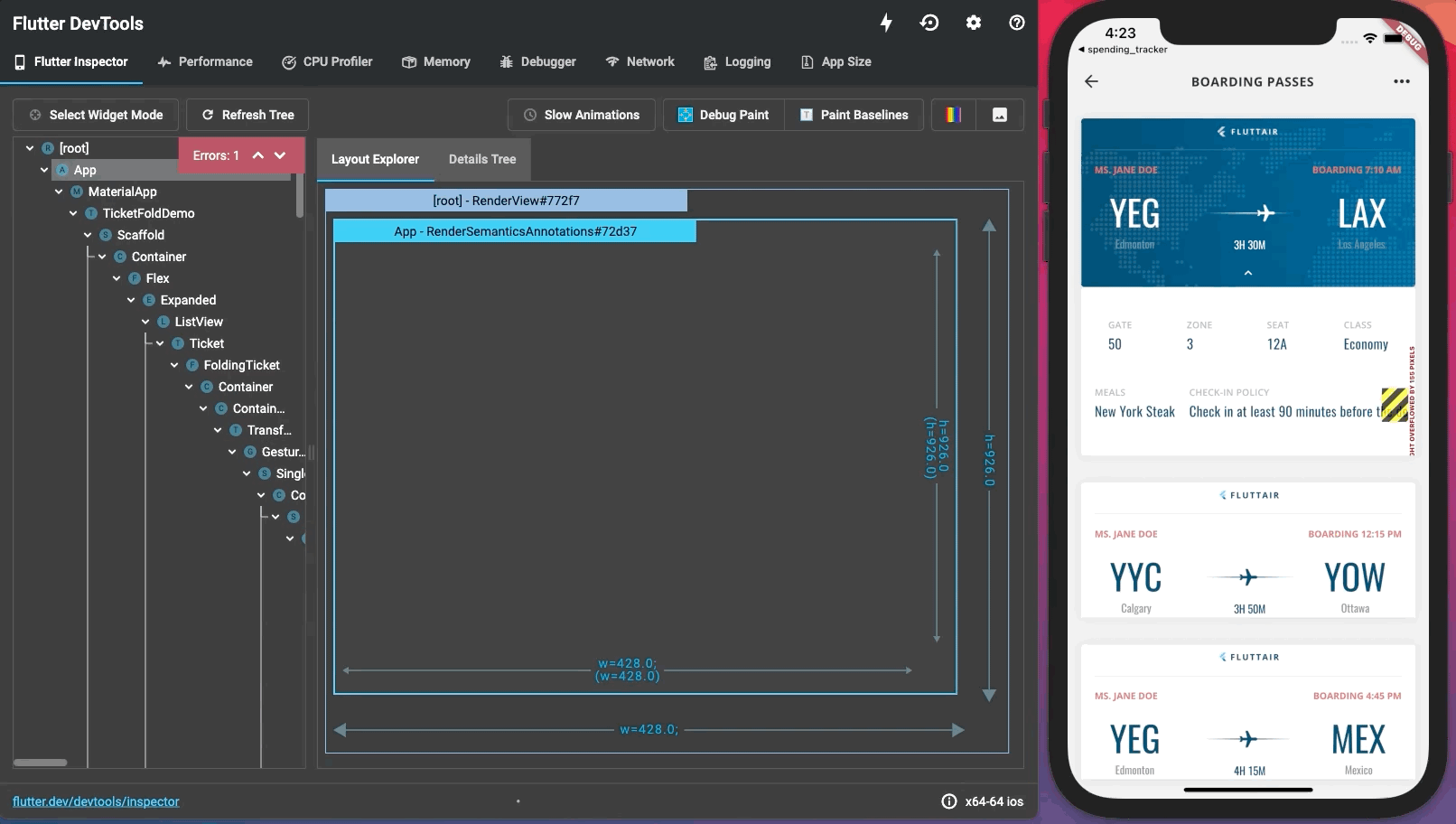 El flex explorer mostrando errores e inspector de dispositivo
