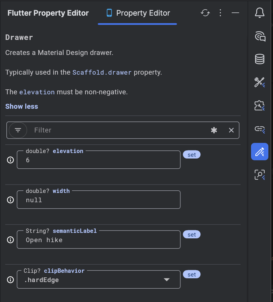 Panel lateral del Flutter Property Editor en Android Studio/IntelliJ