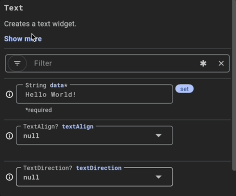 GIF de Flutter Property Editor que muestra la documentación de un Widget Text