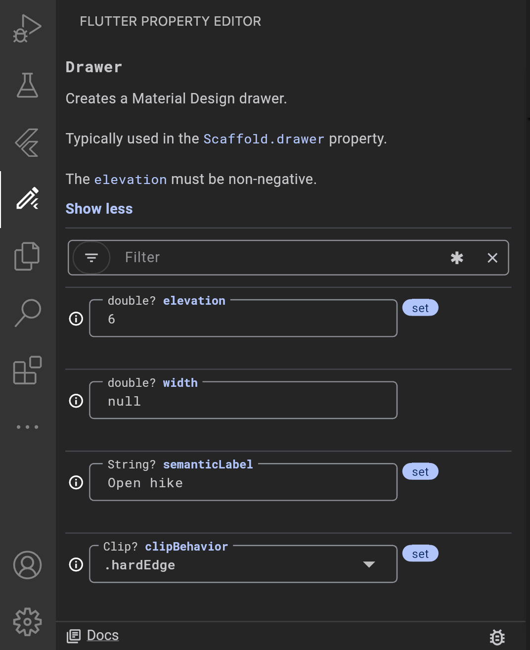 Panel lateral del Flutter Property Editor en VS Code
