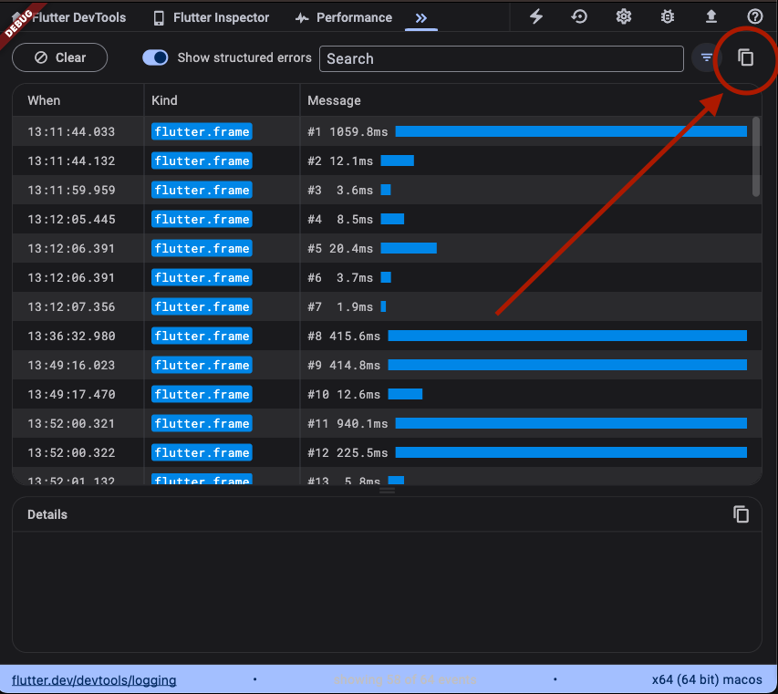 El botón de copiar en la vista Logging a la derecha de la herramienta de filtrado