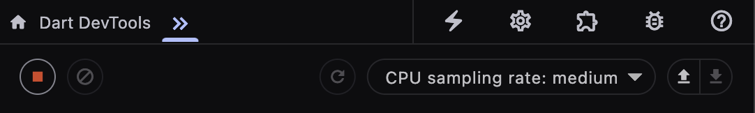 Una captura de pantalla de la pestaña perfilador de CPU, con el nuevo botón de grabación.