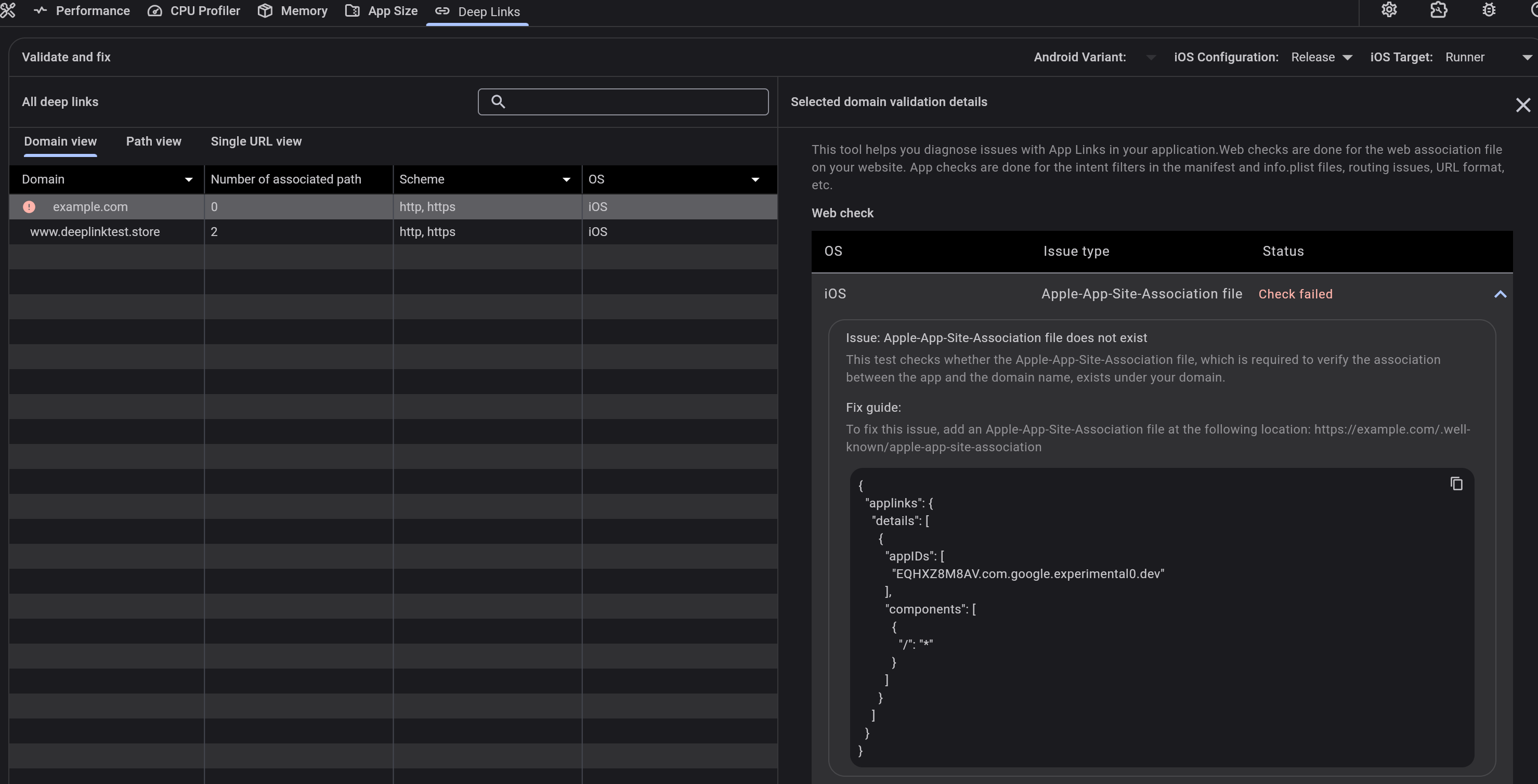 Validador de deep links para iOS