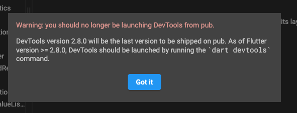 diálogo de advertencia de dart devtools