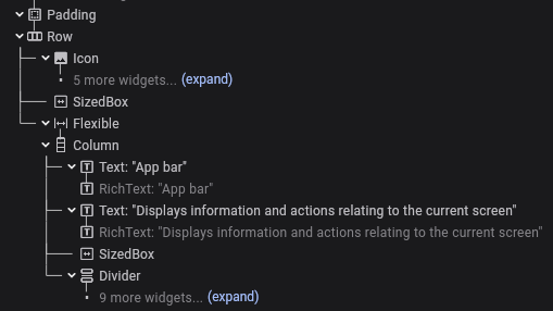 Imagen de la sección del árbol de Widgets que muestra Widgets de implementación