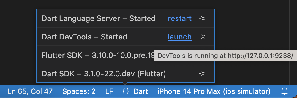 Captura de pantalla mostrando DevTools en el área de estado de lenguaje de VS Code