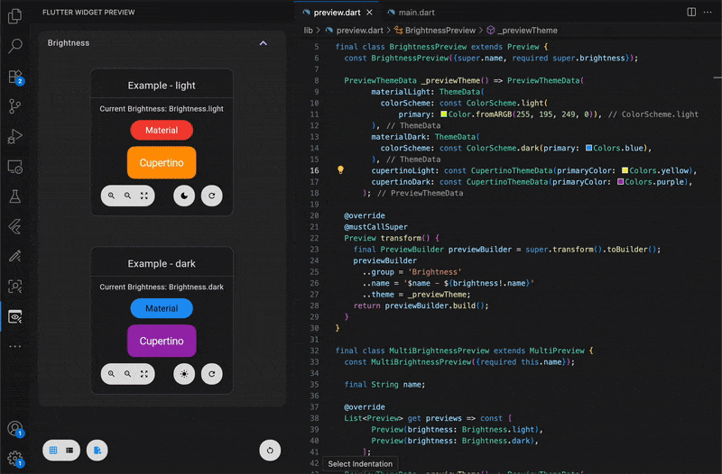 Filtrar por previsualizaciones del archivo seleccionado en Flutter Widget Previewer