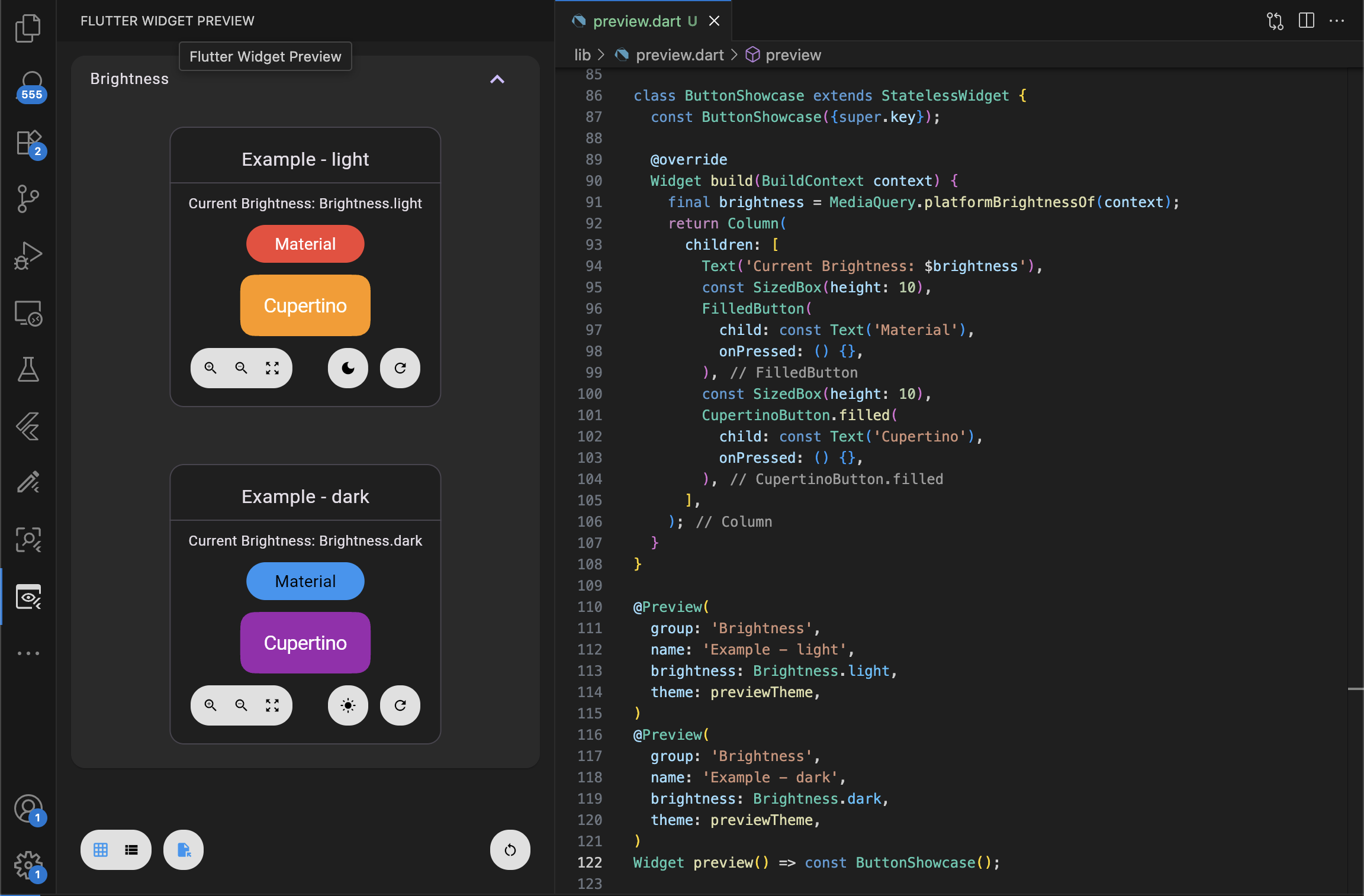 Múltiples previsualizaciones en Flutter Widget Previewer