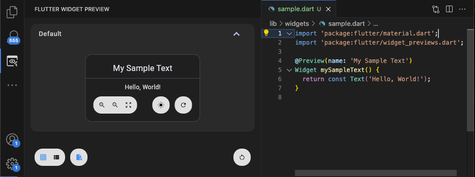 Widget de ejemplo en Flutter Widget Previewer