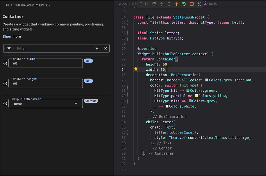 Una captura de pantalla de la herramienta property editor de Flutter.