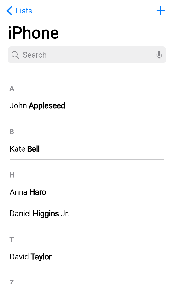 Una captura de pantalla de la aplicación de gestión de contactos Rolodex
completada que muestra una lista de contactos organizados alfabéticamente.