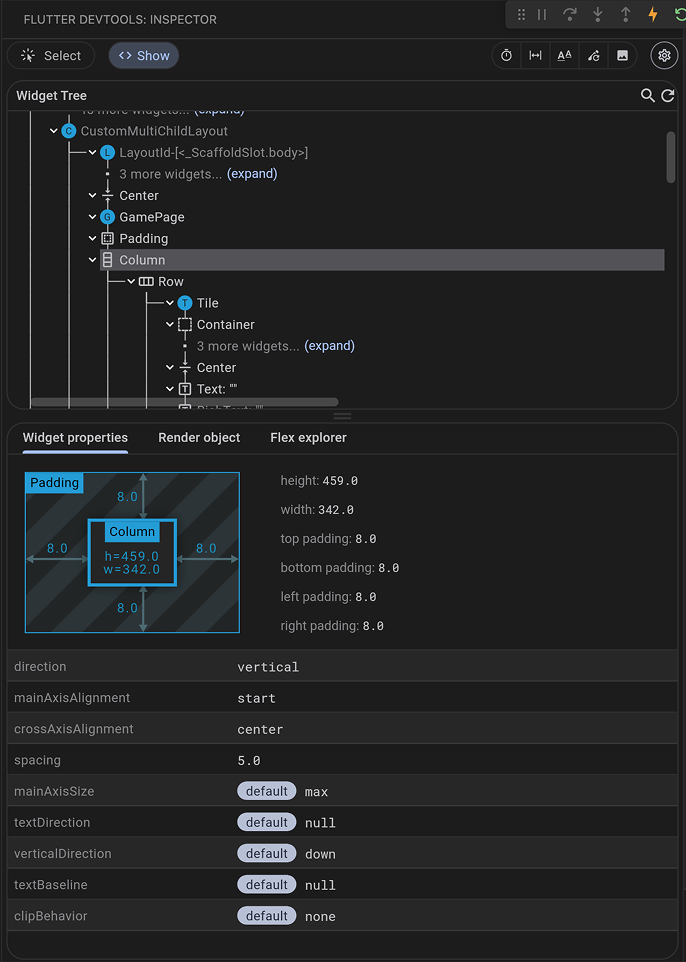 Una captura de pantalla de la herramienta widget inspector de Flutter.