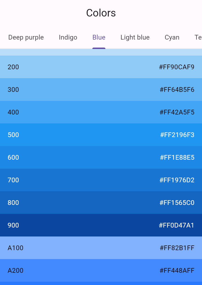 ListView que contiene tonos de azul