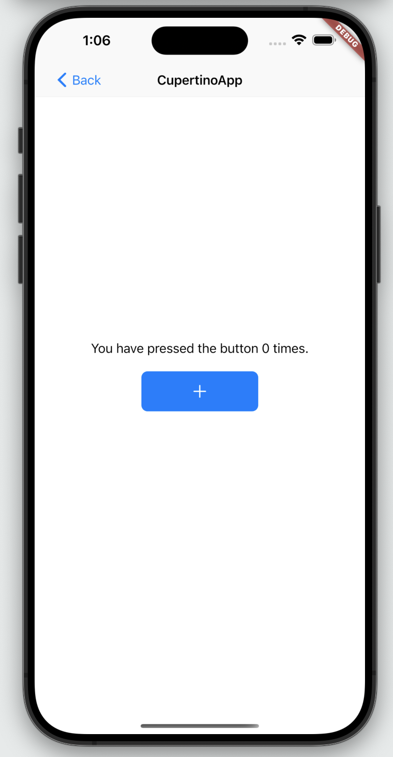 Imagen renderizada o visualización del Widget CupertinoApp.