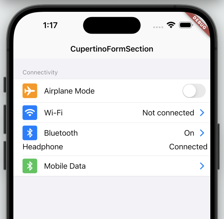 Imagen renderizada o visualización del Widget CupertinoFormSection.