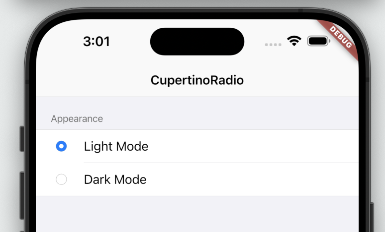 Imagen renderizada o visualización del Widget CupertinoRadio.